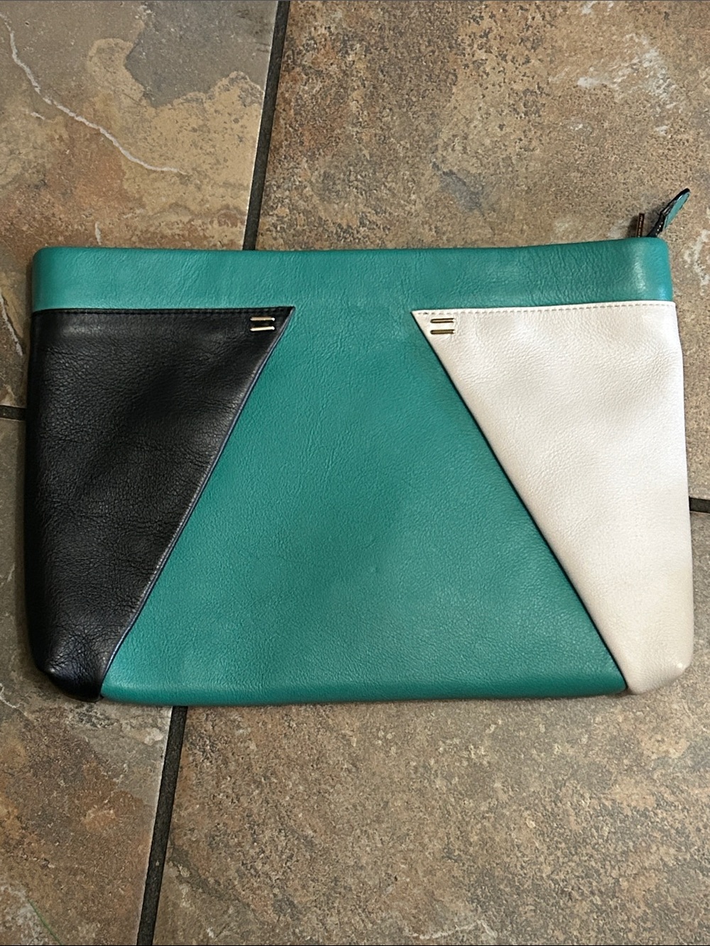 Roland Mouret Teal Tri-Panel Leather Clutch with Black and Cream Accents